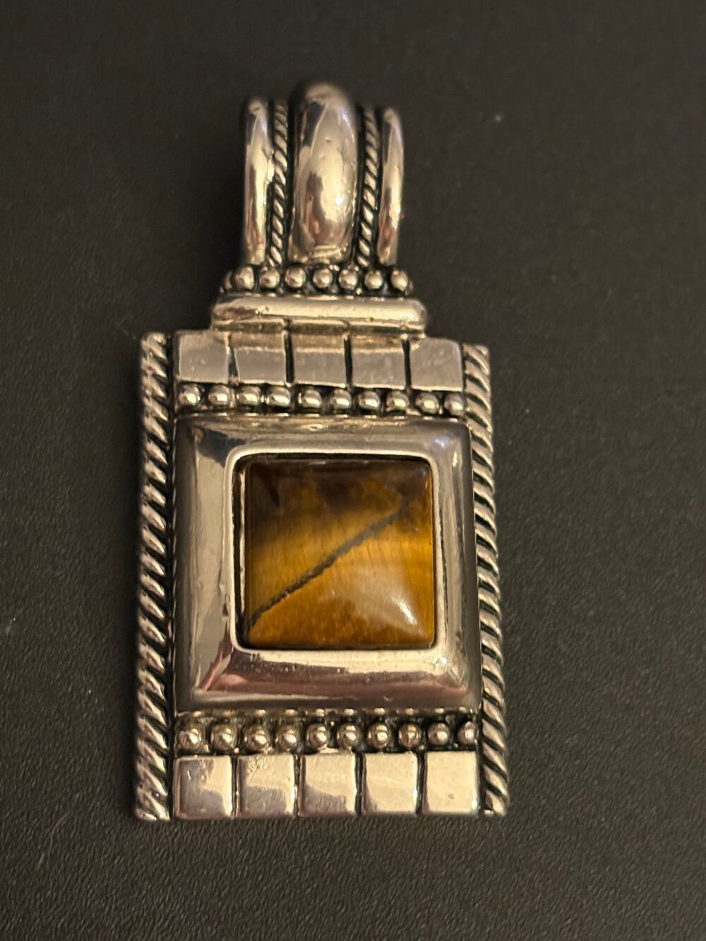 Vintage Tiger Eye Slide Enhancer Pendant Silver Tone